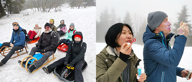 Schüler und Schülerinnen auf einer Winterwanderung mit Schlitten